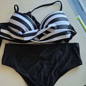 SHEIN Black and White Striped Bikini Set